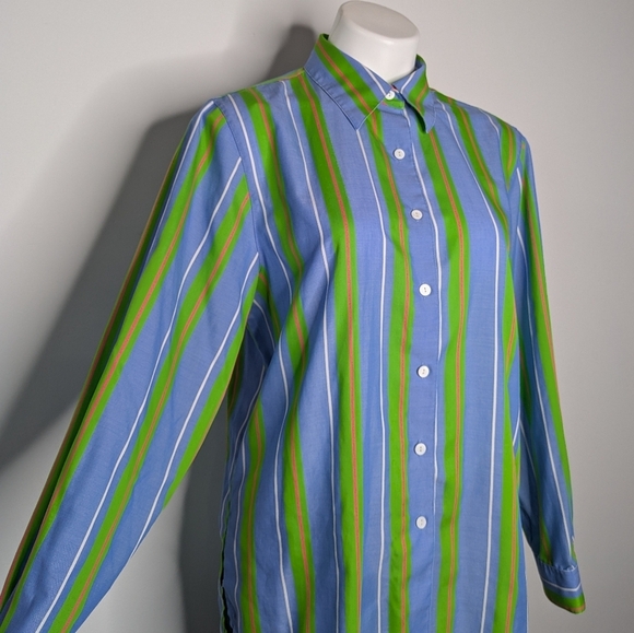Foxcroft Blue Green Striped Long Sleeve Cotton Blend Button Up 12 - Picture 4 of 8